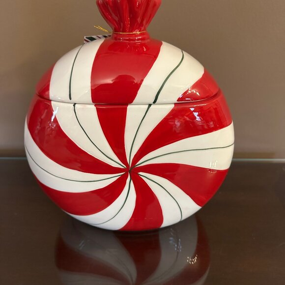 Peppermint Christmas FESTIVE CANDY Striped Cookie Jar Ceramic 9x7" NWT - Picture 2 of 8